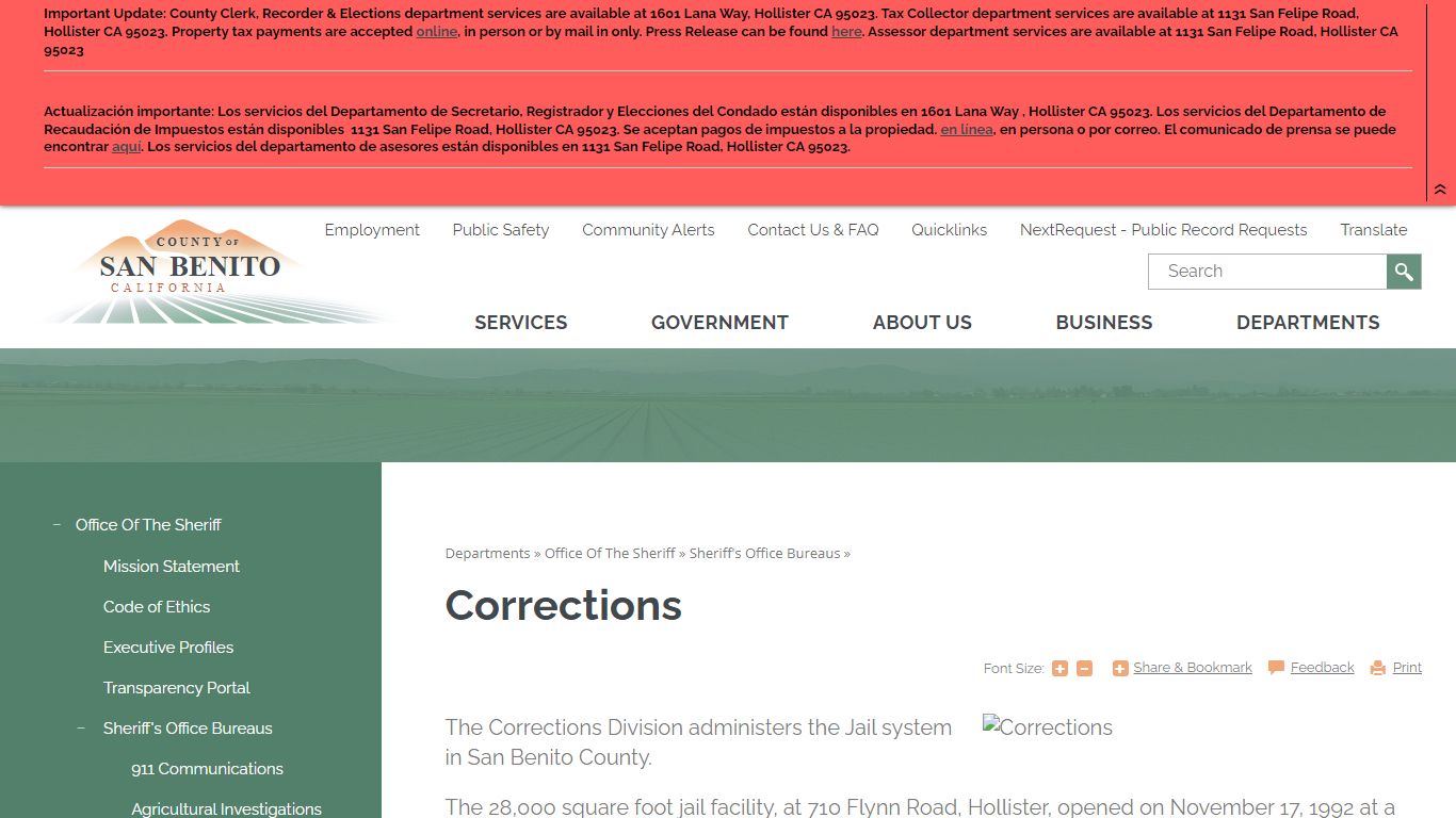Corrections | San Benito County, CA